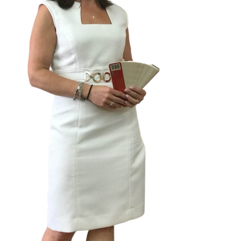 Tahari ASL Elegant White Sleeveless Dress with Gold Trim Size 4